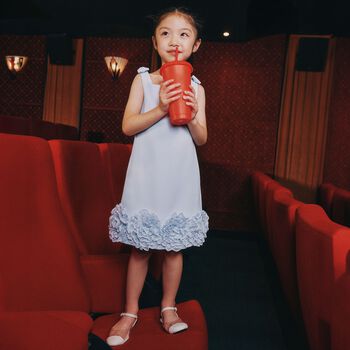 Girls Blue Crepe Floral Lace Dress