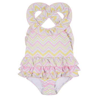 Girls White & Yellow Zig Zag Swimsuit