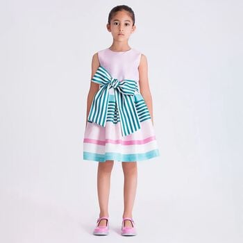 Girls Pink Bow Striped Dress