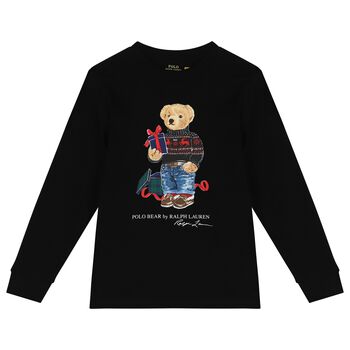 Boys Black Polo Bear Long Sleeve Top
