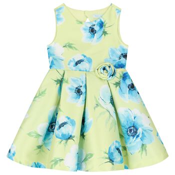 Girls Green & Blue Floral Satin Dress