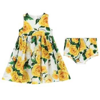 طقم فستان بنات بطبعة الزهور باللون الأصفر و الأبيض
