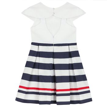 Girls White & Navy Blue Striped Dress