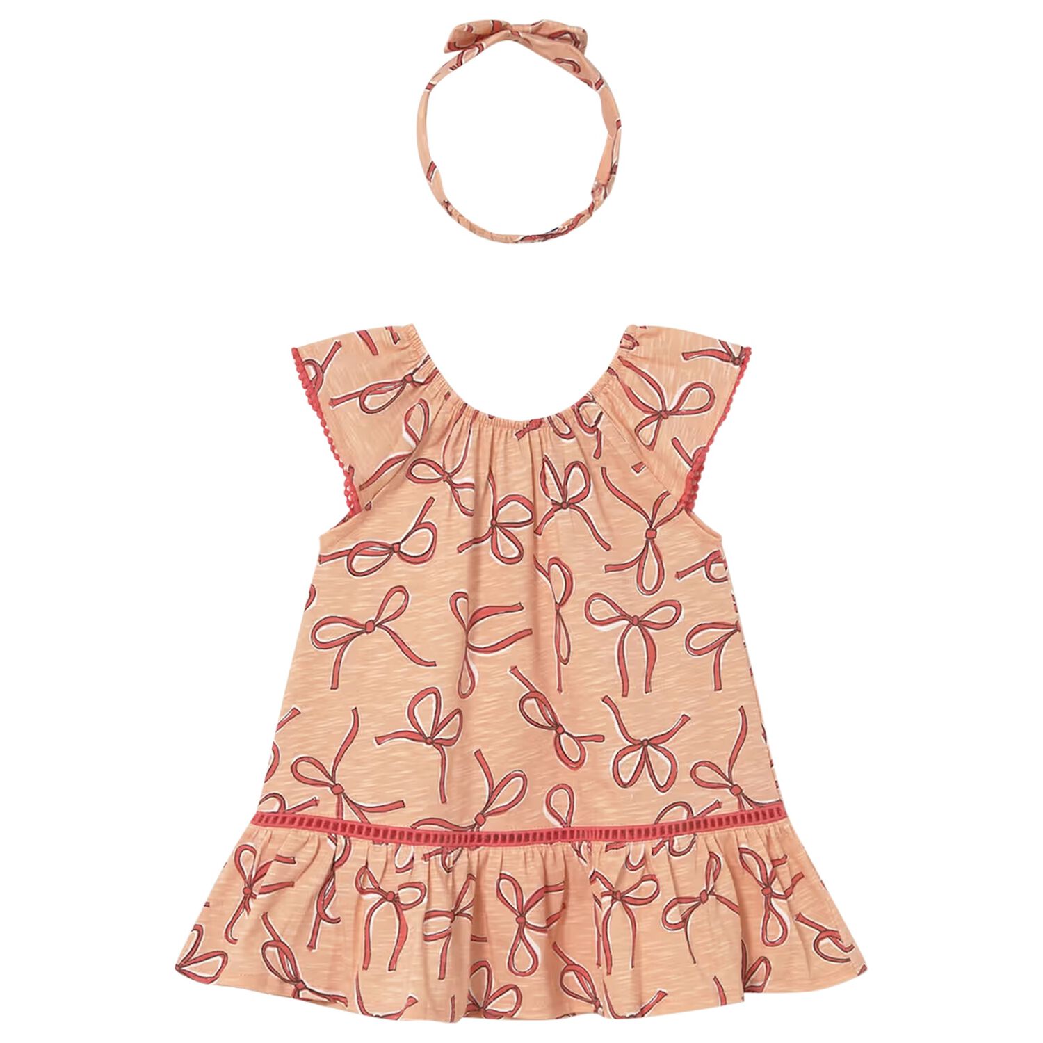Younger Girls Beige Bow Dress Set, 1, hi-res