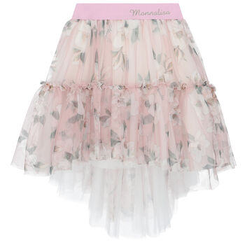 Girls Pink & White Floral Tulle Skirt