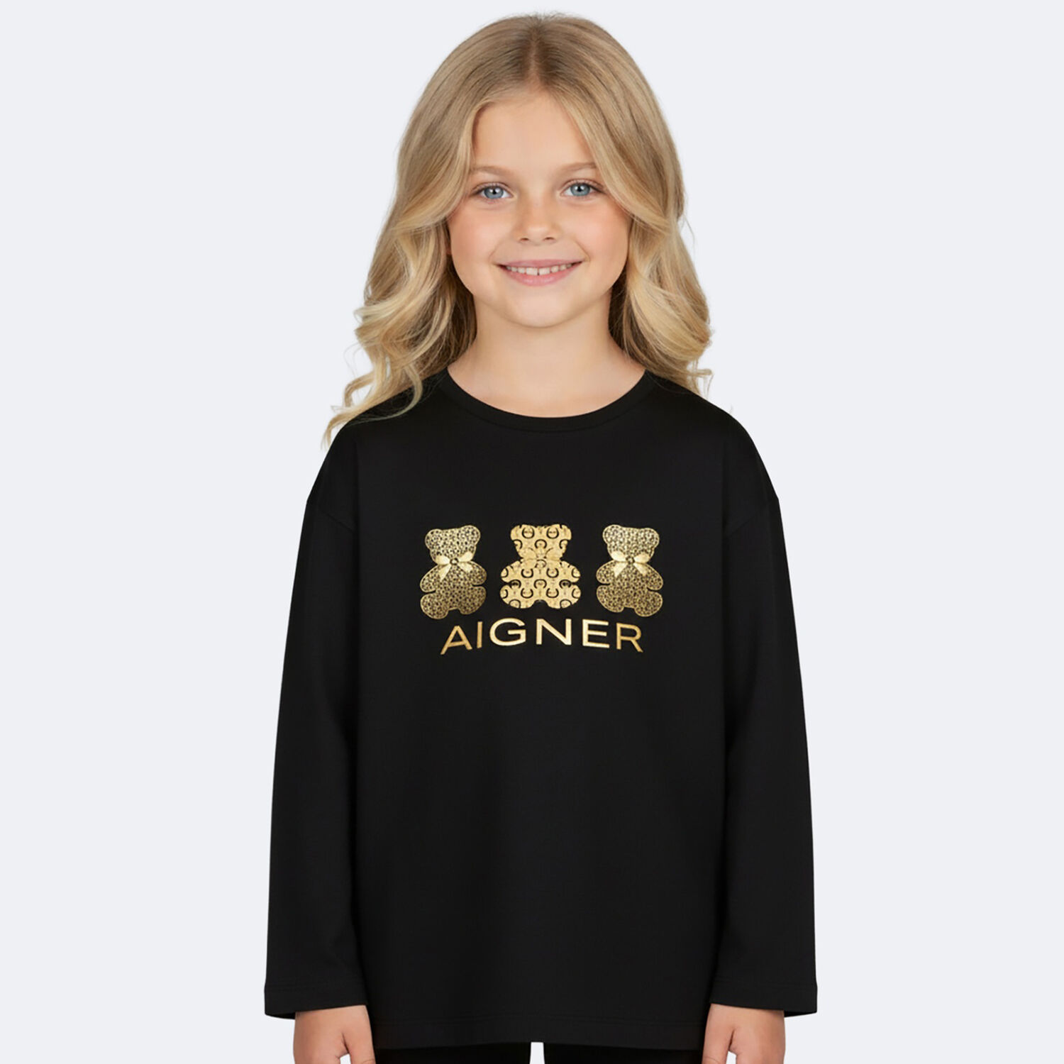Girls Black & Gold Teddy Bear Logo Long Sleeve Top, 2, hi-res