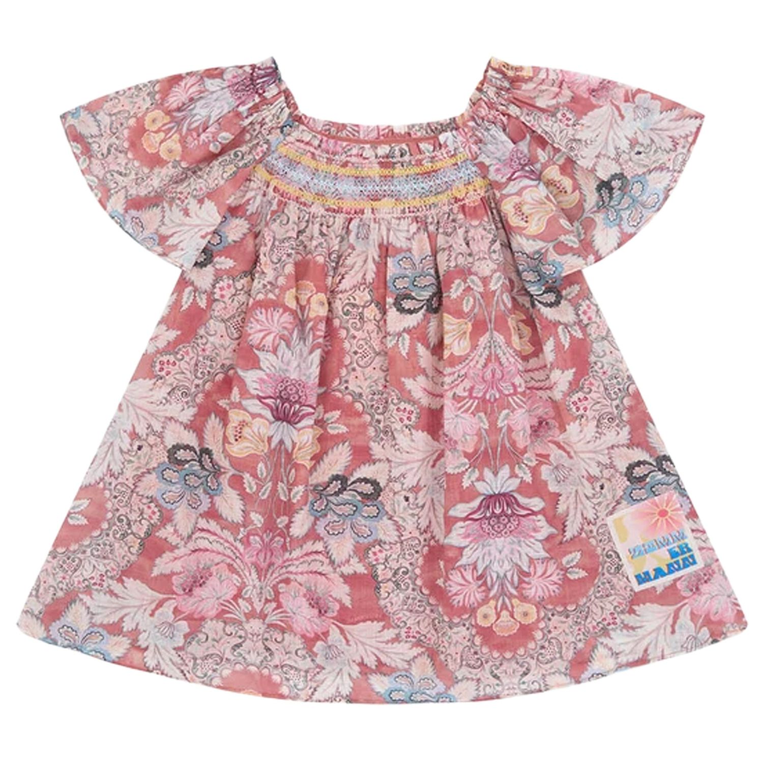 Girls Pink Floral Shirred Dress, 1, hi-res