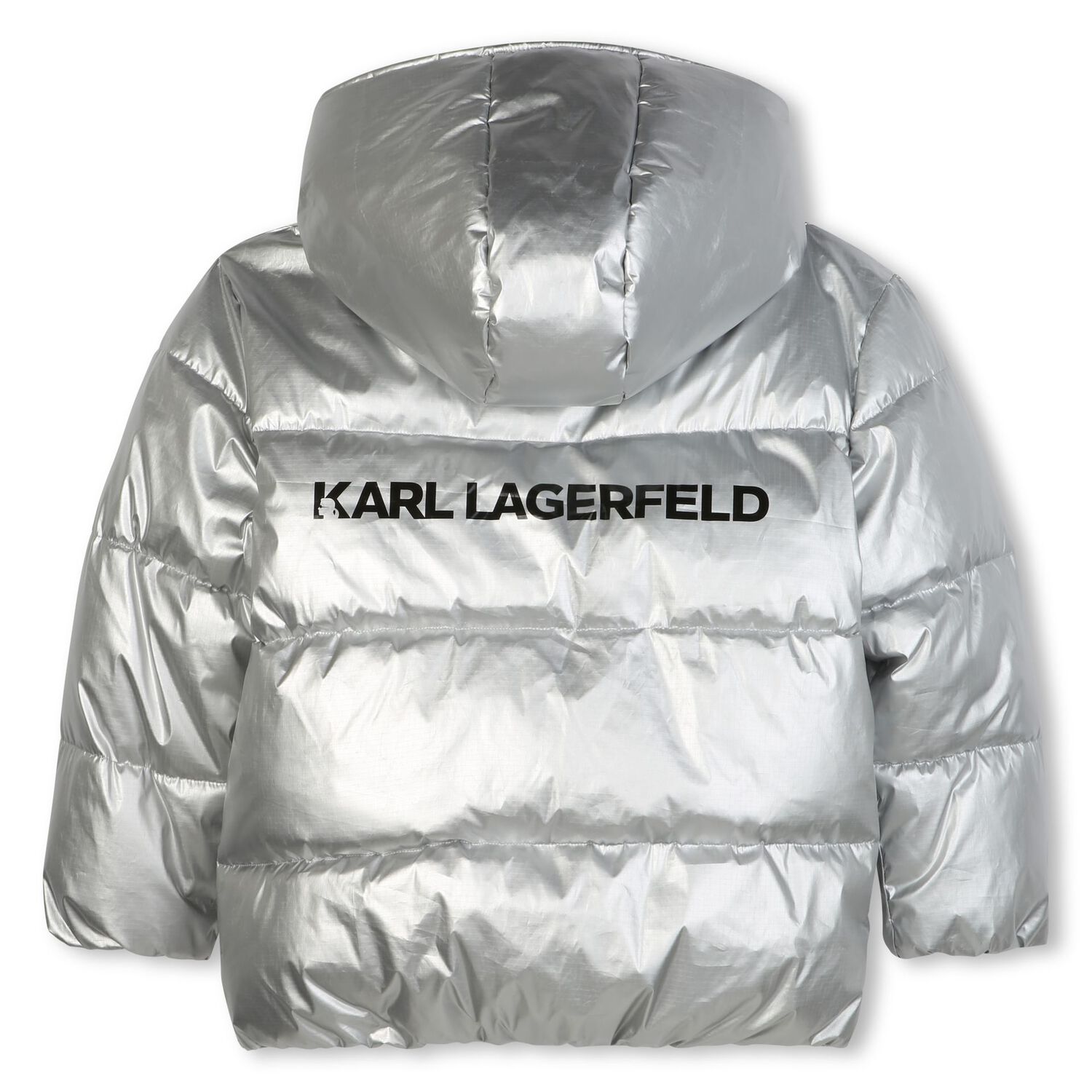 Girls Silver Hooded Puffer Jacket , 1, hi-res