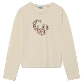 Girls Beige Embellished Long Sleeve Top