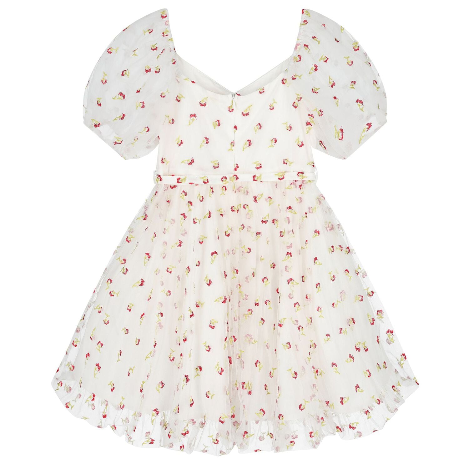 Girls White Floral Tulle Dress, 1, hi-res