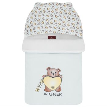 Baby Boys Blue & White Teddy Bear Logo Nest