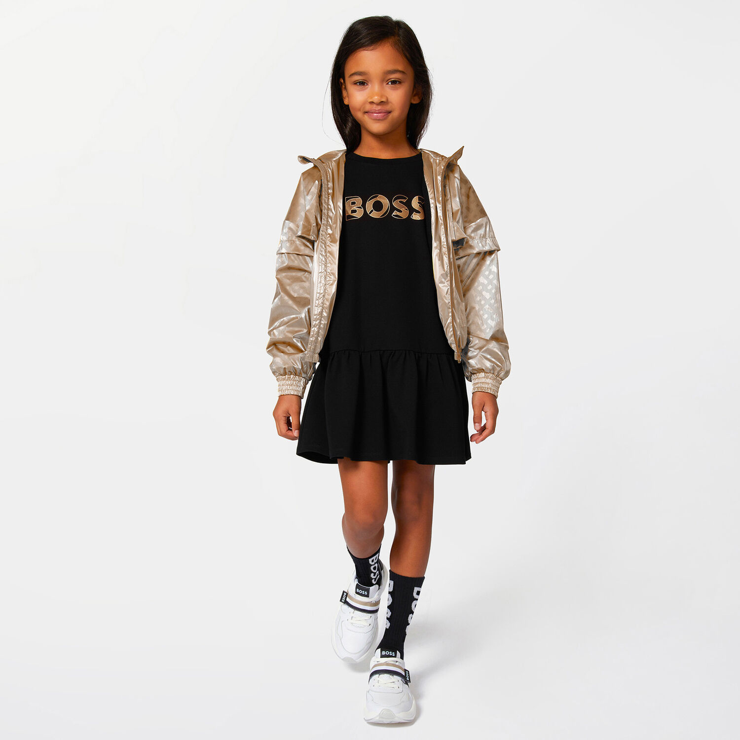 Girls Black Logo Long Sleeve Dress, 1, hi-res image number null