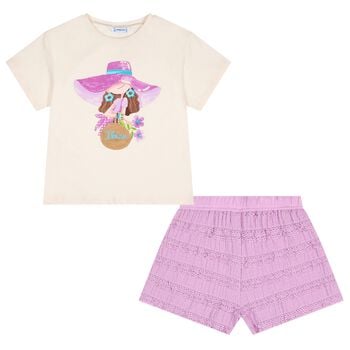 Girls Ivory & Lilac Shorts Set