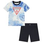Boys White, Blue & Navy Blue Logo Shorts Set, 1, hi-res