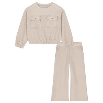 Girls Beige Wide Leg Trouser Set