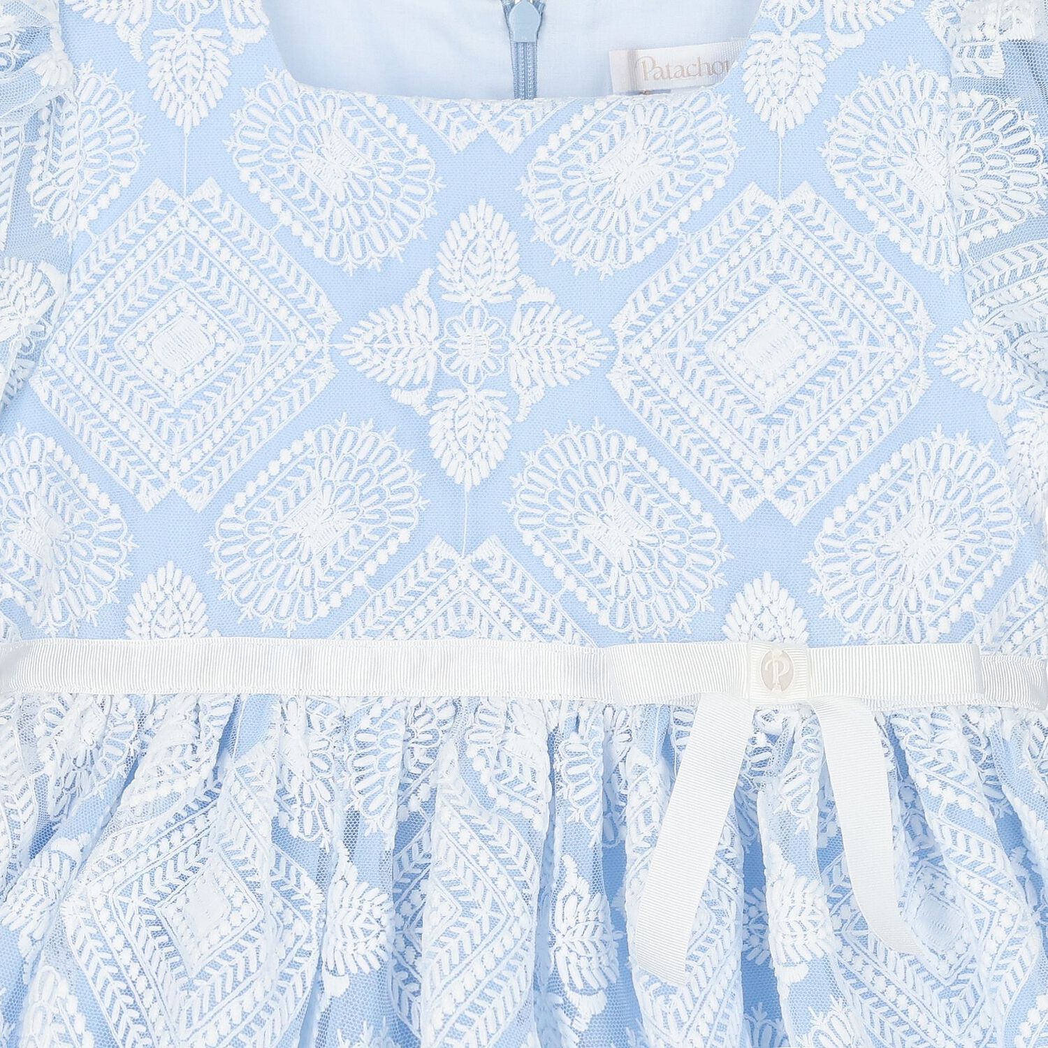 Girls Blue & White Embroidered Tulle Dress, 1, hi-res