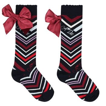 Girls Multi-Coloured Satin Bow Zig Zag Knee High Socks