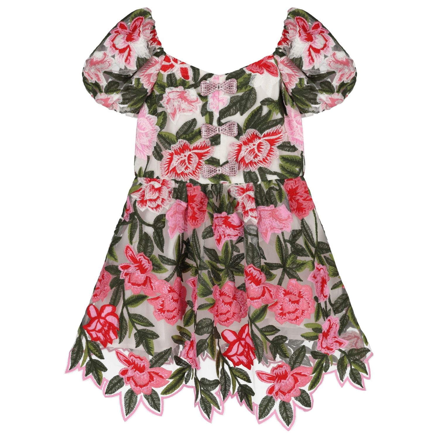 Girls Pink, Red & Green Embroidered Floral Dress, 1, hi-res