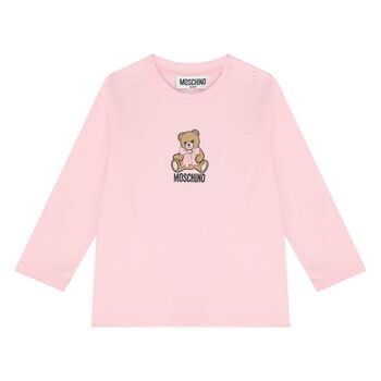 Younger Girls Pink Teddy Bear Logo Long Sleeve Top