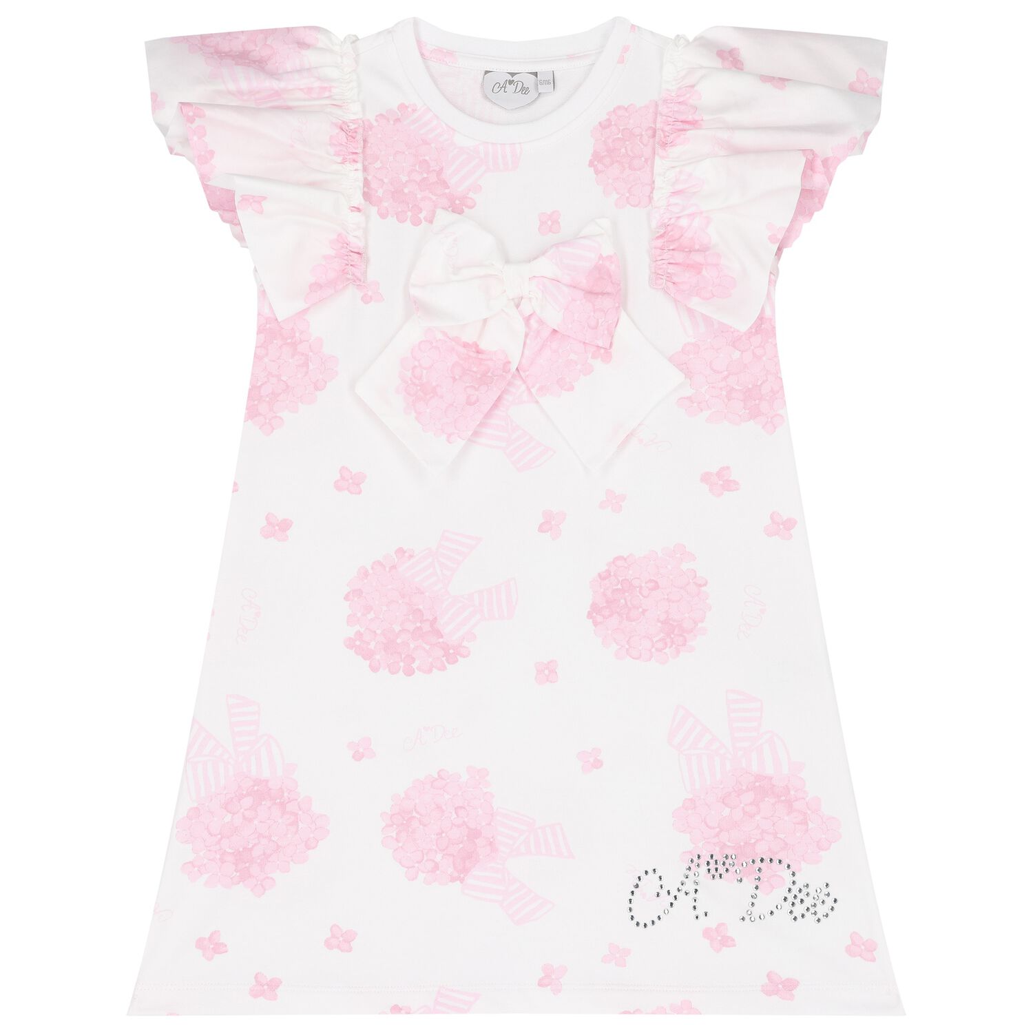 Girls White & Pink Bow Floral Print Dress, 1, hi-res image number null