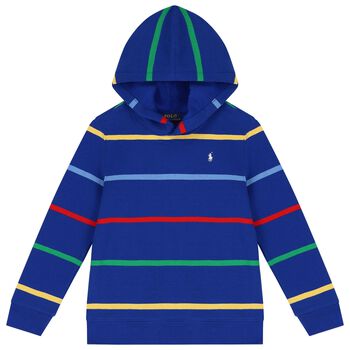 Boys Blue Logo Striped Hooded Top