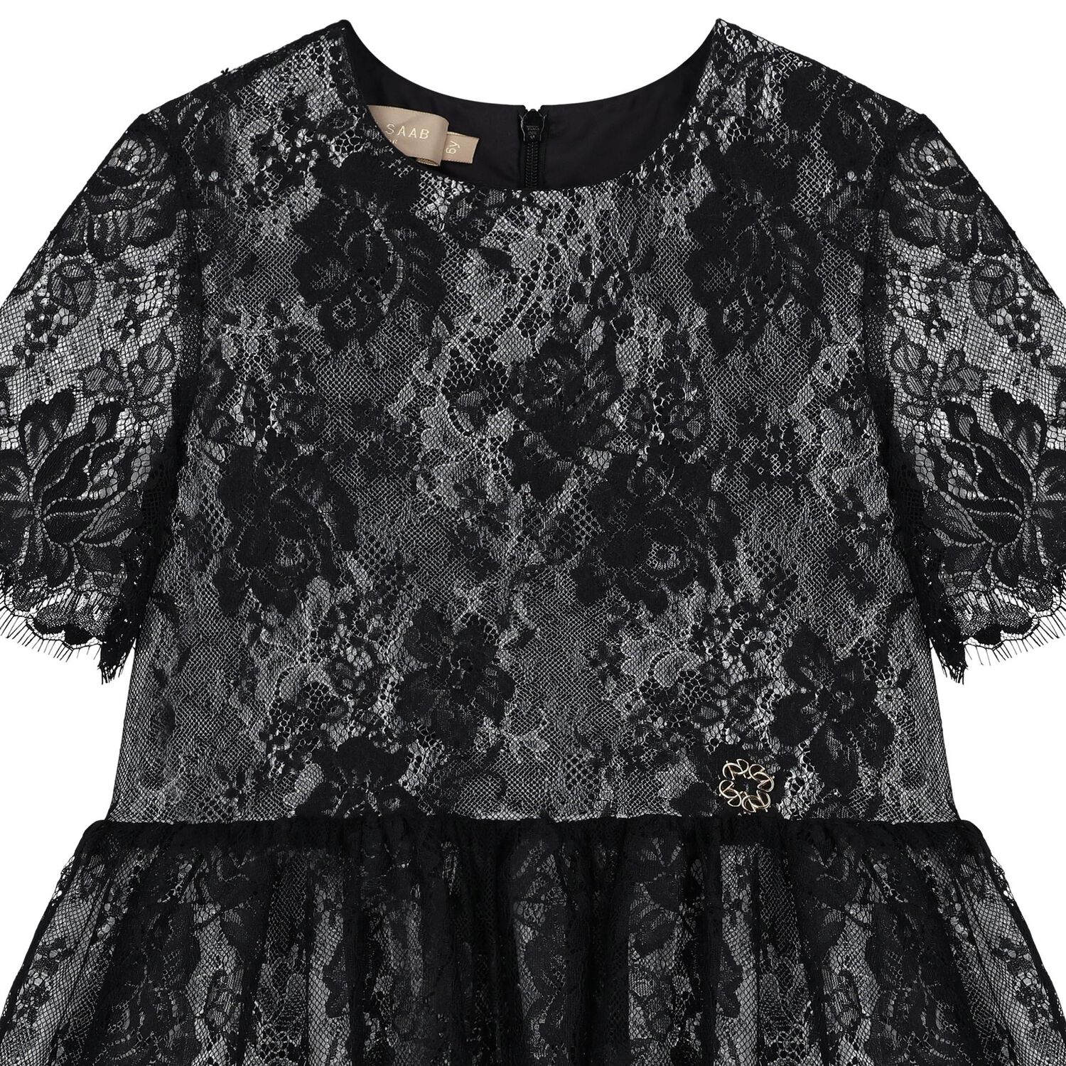 Girls Black Floral Lace Dress, 1, hi-res