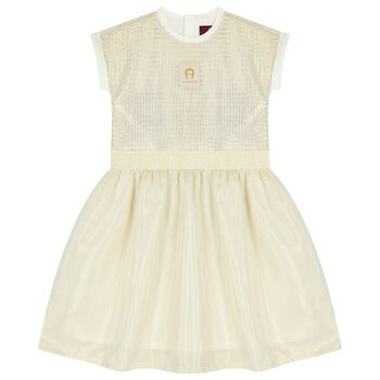 Girls Ivory & Gold Logo Dress
