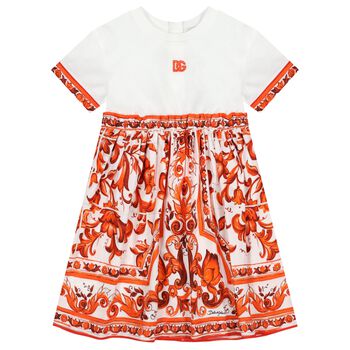 Girls White & Orange Majolica Dress
