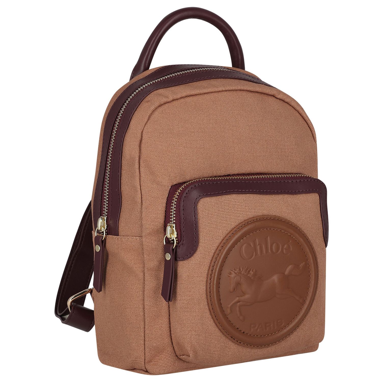 Girls Beige Canvas Horse Logo Backpack ( 26cm ), 1, hi-res