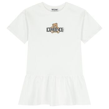 Girls White Teddy Bear Logo Dress