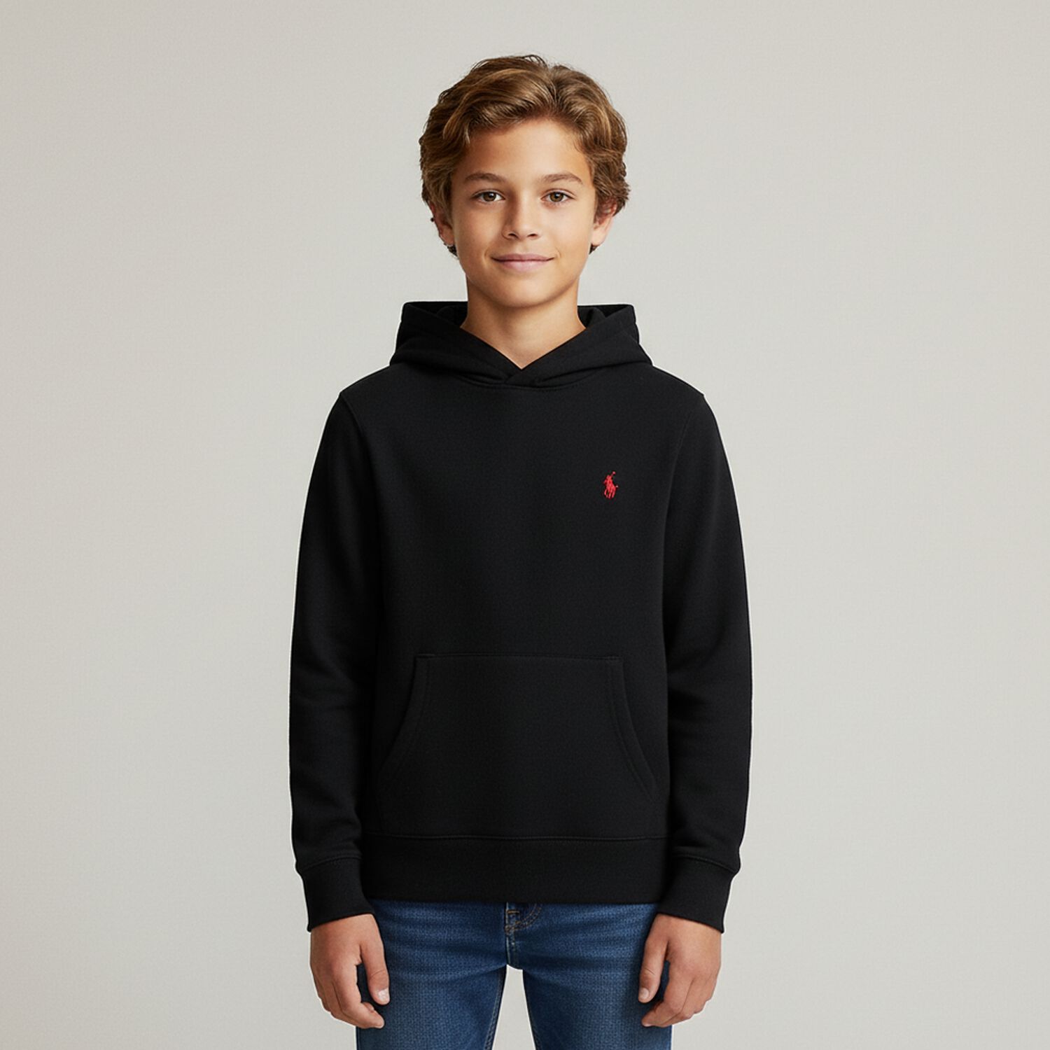 Boys Black Logo Hooded Top, 1, hi-res image number null