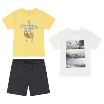 Boys White, Grey & Yellow Shorts Set