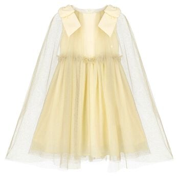 Girls Gold Tulle & Chiffon Cape Dress