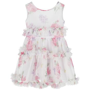 Girls White Floral Tulle Dress