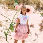 Girls White & Pink Floral Tulle Skirt Set, 1, hi-res