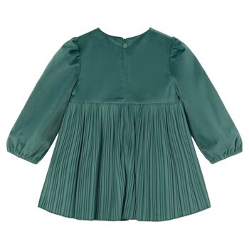 Younger Girls Green Velvet Pleated Dress