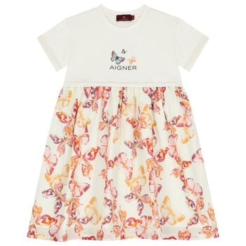 Girls Ivory & Pink Butterflies Logo Dress