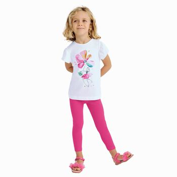 Girls White & Pink Flower Leggings Set