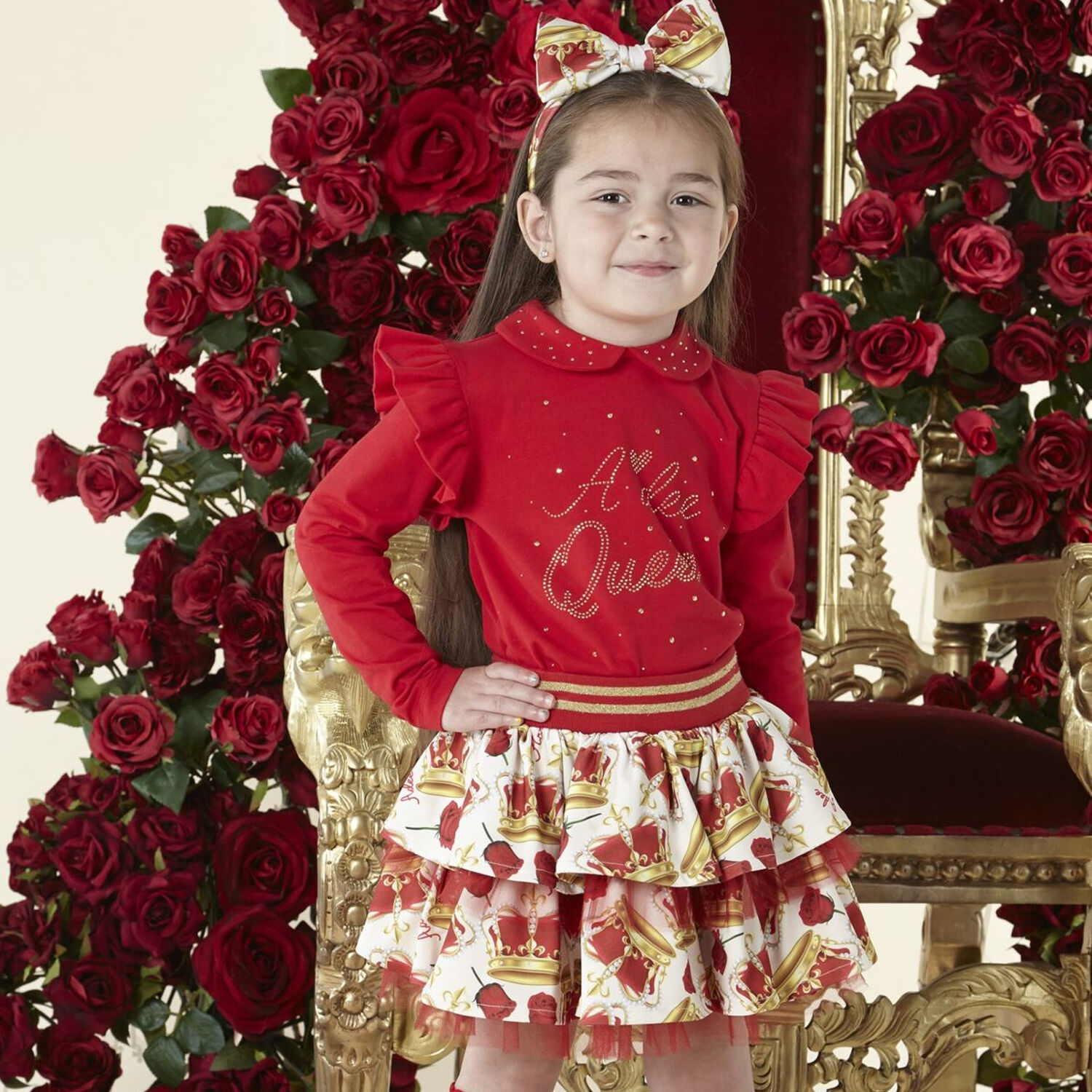 Girls Red & Ivory Crown Skirt Set, 1, hi-res image number null