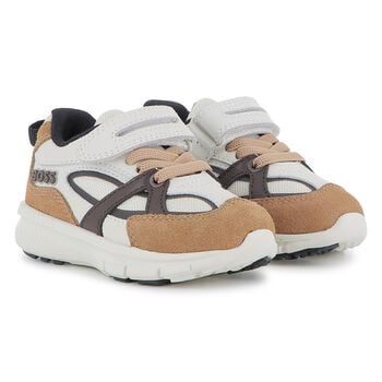 Boys White & Beige Logo Trainers