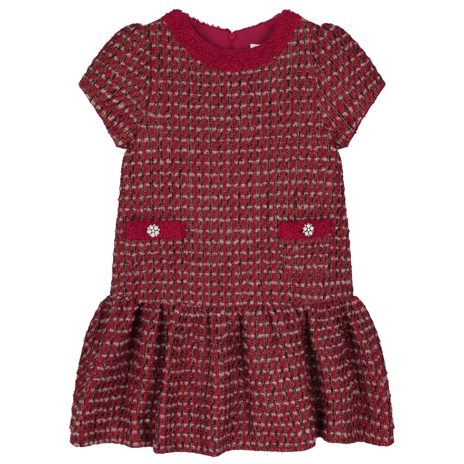 Girls Burgundy Tweed & Boucl&eacute; Dress, 1, hi-res