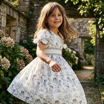 Girls White & Navy Blue Smocked Dress