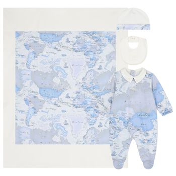 Baby Boys Ivory & Blue Geo Map Babygrow Gift Set