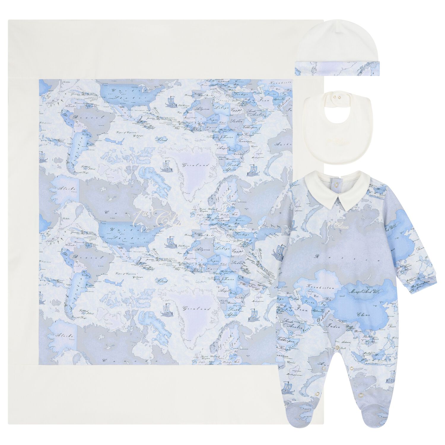 Baby Boys Ivory & Blue Geo Map Babygrow Gift Set, 1, hi-res image number null