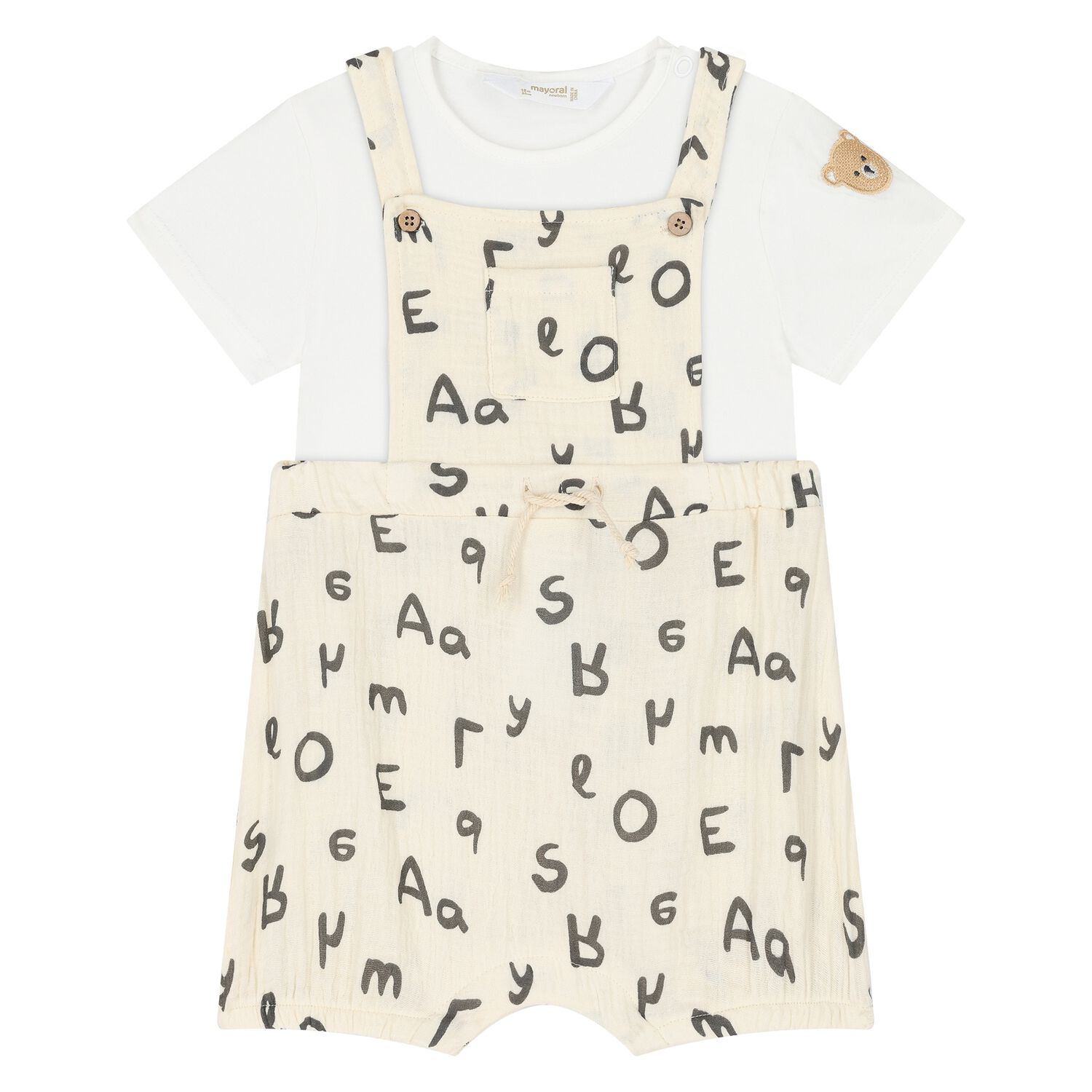 Baby Boys Beige & Ivory Bear Dungaree Set, 1, hi-res