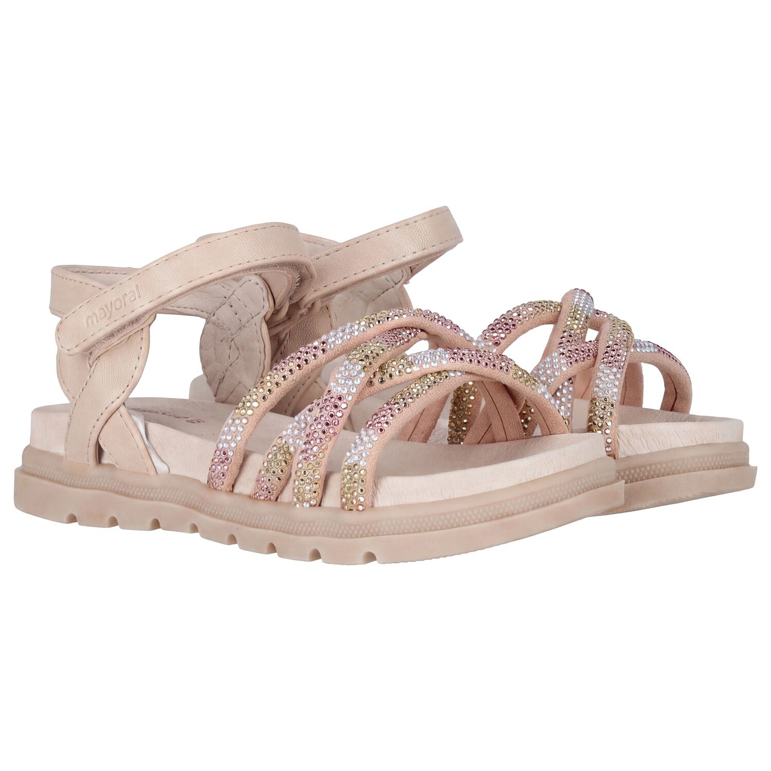 Girls Beige Logo Sandals , 2, hi-res