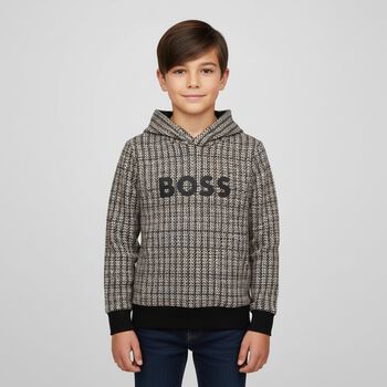 Boys Black, Beige & White Checked Logo Hooded Top