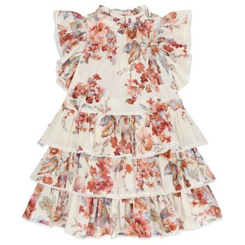 Girls Ivory & Pink Floral Tiered Dress