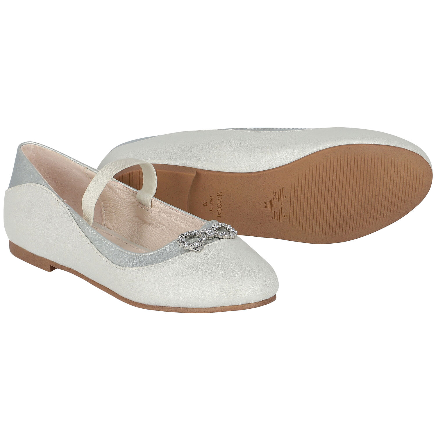 Girls Silver Diamante Bow Shoes, 3, hi-res