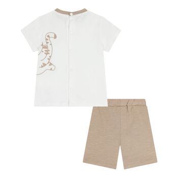 Baby Boys White & Beige Tiger Shorts Set